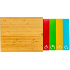 Axer Großes Bambus-Schneidebrett-Set mit Flexibler Spülmaschinenfester Farbiger Kunststoff-Schneidematte - Inklusive 4 Farbcodierter Matten mit Lebensmittel Symbolen