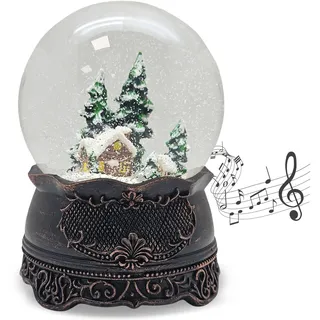 Schneekugel Weihnachten Spieluhr | Hüttenzauber Berghütte | Sockel Kupfer antik | Höhe: 140mm, Breite 100mm | mit Musik | Schüttelkugel mit Weihnachtsmelodie | 20324