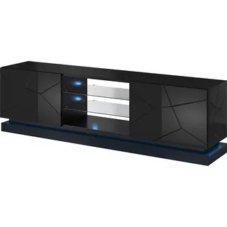 Furniture24 Tv Schrank QIU 200, Lowboard, Unterschrank, Fernsehentisch, Fernsehenschrank mit 2 Türen und LED Beluchtung Schwarz Hochglanz, 200/57/43 - Weiß