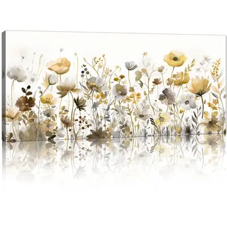 Mit Rahmen Großes Leinwandbilder Bilder Aquarell Gelbe Wildblumen bild auf leinwand Wandkunst Modern Wandbilder XXL Kunstdruck Deko für Wohnzimmer Schlafzimmer fertig zum Aufhängen 120x50cm