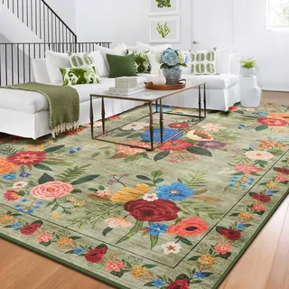 BYBSRLL Teppich Wohnzimmer 120x180cm, Vintage Blumenmuster, Waschbar & Rutschfester Boho Weich Kurzflor Teppiche Gegend für Schlafzimmer, Kinderzimmer, Gastzimmer, Esszimmer, Grün