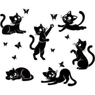 Wandtattoo, Motiv: verspielte Katze und Schmetterling, humorvolle Katze, dynamisches Katzendekor, Schwarz