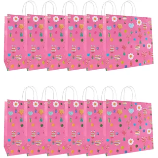 Idena 30543-12 - Geschenktüten Geburtstag, 12 Stück, Geschenktaschen in der Größe 28 x 28 x 15 cm, Papiertüten in Pink mit bunten Luftballons