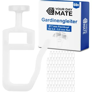 Gardinengleiter für Innenlaufschienen, 60 Stück, mit Ø 7 mm Flachkopf, in Weiß, Faltengleiter für Vorhangschiene, Gardinenschiene, Vorhang Rollgleiter Kräuselband Haken, Gardine Gleiter Schiene System