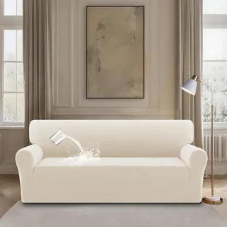 BellaHills High Stretch Sofabezug Moderne Sofaüberwurf, Wasserdicht Sofahusse für Wohnzimmer Protector für Hunde Haustiere, Elfenbein, 3 Sitzer(180-203CM)