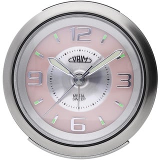 PRIM Steel Wecker Modern Alarm Clock, Metall und Kunststoff, Silber/Rosé, LED Nachtlicht, Analog, Quarz-Uhrwerk Sweep, Lauter Alarm, Snooze, Schlummerfunktion Nachttisch Dekoration