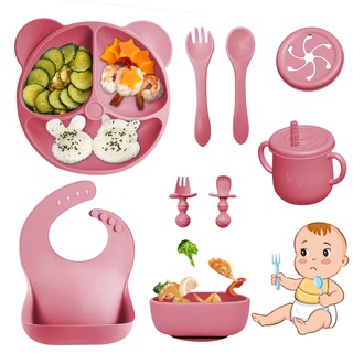 Bizcasa 9 Stück Silikon Baby Geschirrset, Rutschfest Kindergeschirr Set, Kindergeschirr mit Saugnapf, Rutschfest Baby Schüssel,Baby-Teller, Baby-Besteckset für Kleinkinder, BPA Frei (Dunkelrosa)