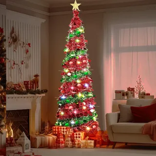 Faltbarer Künstlicher Weihnachtsbaum 150cm mit Beleuchtung, Pop Up Schmal Weihnachtsbaum mit 50 LED und Sternspitze, PVC Lametta Bleistift Tannenbaum Weihnachtsdekoration für Zuhause Büro (Rot 1)