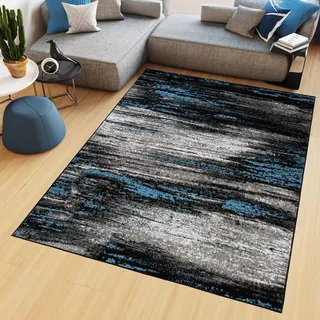 TAPISO Maya Teppich Kurzflor Schwarz Grau Blau Weiß Verwischt 250 x 300 cm | Modern Meliert Streifen Design Wohnzimmer Schlafzimmer oeko-tex