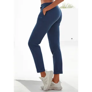 Sweathose H.I.S, Damen, Gr. 44/46, N-Gr, blau (marine), Interlock, Obermaterial: 60% Baumwolle, 40% Polyester, bestickt, unifarben, bequem knöchellang, Hosen Sweathose, Schlupfhose mit kleinem Aufschlag am Saum, Loungewear, Topseller