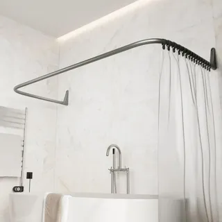 Erica Duschvorhangstange L-form & U-form - 4-in-1 System für Badewanne oder Dusche - Duschstange Ecke - Stahl mit Pulverbeschichtung - Ohne Deckenhalterung - Grau
