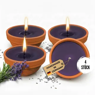Lavalis 4er Set Lavendel Duftkerze, Outdoor Kerzen aus recyceltem Wachs, 15h Brenndauer, 5cm Flammenhöhe, 9,5 cm Ø, Terrakotta-Schale, handbefüllt, wetterfest, Geschenkidee für Muttertag & Vatertag