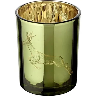 EDZARD Windlicht Sammy (Höhe 13 cm) Motiv Hirsch laufend, außen grün/innen Gold, Teelichthalter, Teelichtglas