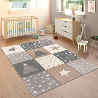 Paco Home Kinderteppich »Cosmo 340«, rechteckig, 17 mm Höhe, Kurzflor, Pastell-Farben, 3D Effekt, Motiv Berge, Punkte & Sterne, beige