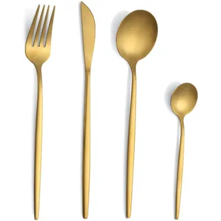 Besteck Set für 6 Personen - 24-Teilig Gold Matt aus Edelstahl - Goldenes Besteck Mit Messer, Gabel, Löffel - Spülmaschinenfest