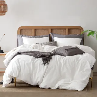 ATsense Bettwäsche 155x220 Baumwolle 2teilig, Stonewashed Bettwäsche-Sets Natur Weiß Ähnlich wie Leinen, Oeko-TEX, Hypoallergen und Atmungsaktiv, 1 Bettbezug und 1 Kissenbezug 80x80