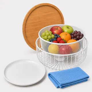 Pealeaf Obstkorb mit Deckel - Obstkorb aus Drahtgeflecht mit Netzdeckel, Metall Obstschale mit Fliegenschutz, Obst- und Gemüsehalter auf der Arbeitsplatte für Küche Arbeitsplatte Aufbewahrung (Weiß)