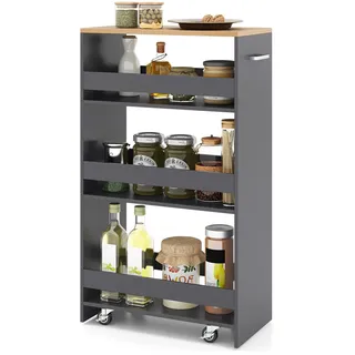 COSTWAY Nischenwagen 25cm breit, 4 Etagen Küchenwagen schmal, Nischenregal auf Rollen, Servierwagen mit Griff & Geländern, Badregal Holz, Grau - Grau
