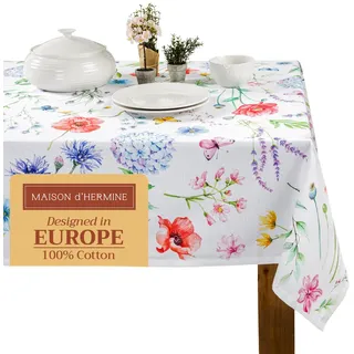 Maison d' Hermine Tischdecke 160cm x 220cm 100% Baumwolle, dekorative, waschbare, quadratische Tischplatte, Ostertischdecken für Küche, Hochzeit, Restaurant, Just Floral – Frühling/Sommer