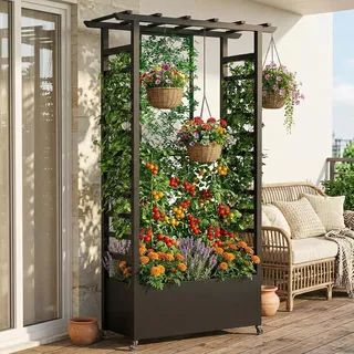 Hochbeet mit Rankgitter und Hängedach, freistehender Metall-Pflanzkasten mit Rollen, mobiler Pflanzkasten für drinnen und draußen für Kletterpflanzen, Blumen, für Garten, Terrasse und Hof