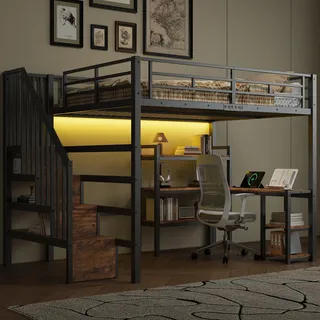 Flieks Etagenbett 140x200cm mit Schreibtisch und Ladefunktion, Jugendbett Kinderbett mit Led und Treppe, Hochbett Metallbett mit Lattenrost, Schwarz - Schwarz