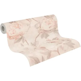A.S. Création Vliestapete mit Rosen-Motiv in Creme, Orange, Rosa, Weiß, Grau - Florale Tapete 10,05 m x 0,53 m - 791672