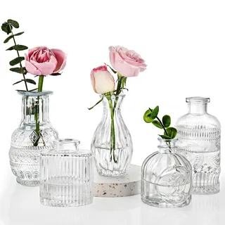 Fixwal Set mit 5 Knospenvasen, kleine Vase für Blumen, Glasvase für Heimdekoration, Hochzeitsdekorationen, klare Blumenvasen für Tafelaufsätze, Vintage-Vase für Heimdekoration