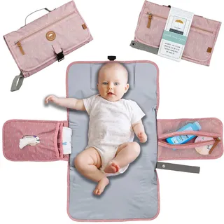 Wickelunterlage für Unterwegs mit vielen Fächern für Feuchtücher, Windeln, Pflegecreme und mehr. Inkl. Kopfkissen (Rosa)