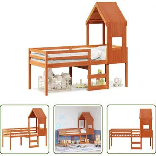 The Living Store Hochbett mit Dach Wachsbraun 90x190 cm Massivholz Kiefer - Braun