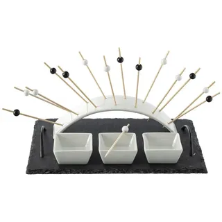 Secret de Gourmet Snack Schüssel Set mit Untersetzer Schiefer Porzellan anthrazit weiß 17,5 cm x 29,5 cm x 20 cm - Schwarz