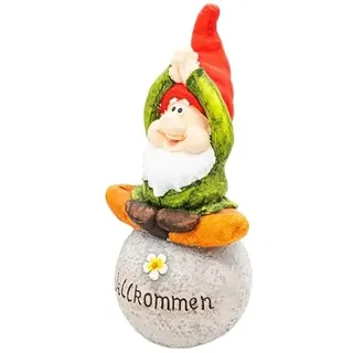 Wichtelstube-Kollektion XXL Gartenzwerg auf Stein Willkommen Schriftzug Schild Yoga Übung lustige Gartenfigur Gartendeko Figuren für außen Wetterfest Wichtel