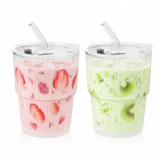 HSMHLYYB 2 Stück Glasbecher Mit Deckel Und Strohhalm, 400Ml Matcha Glas, Eiskaffee Becher, Eiskaffee Gläser, Luftdicht Wasserdicht Design, Smoothie Becher Für Saft, Wasser, Tee, Milch, Latte