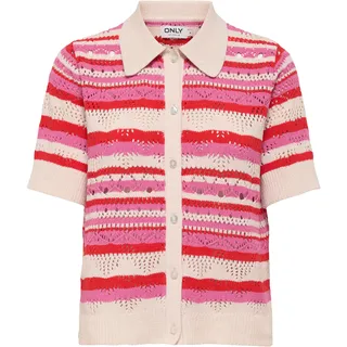 Strickjacke ONLY "ONLLULA POLO S/S CARDIGAN KNT NOOS", Damen, Gr. L, high risk rot stripes:pink, cd, Strick, Obermaterial: 100% Polyester, gestreift, regular fit normal, Rundhals, Strickjacken Strickjacke