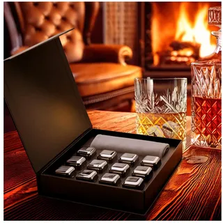 com-four® Whisky Edelstahl Steine Geschenk-Set - 12x Eiswürfel mit Stoffbeutel und Geschenk-Box - Wiederverwendbare Eiswürfel-Steine für Whiskey, Gin, Tonic und Cognac (12 Stück mit Geschenkbox)