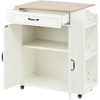 Stilvora Kücheninsel in Weiß Servierwagen rollbar mit klappbarer Arbeitsplatte Schublade Einlegeboden Gewürzregal B66/T38/H86cm , Holzwerkstoff , Rechteckig , 66x86x38 cm , Küchen, Küchenmöbel, Kücheninseln