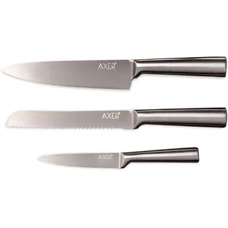 Axer Scharfes Küchenmesser Metallgriff - 3-teilig Messerset Edelstahl - Küchenmesser Set Profi - Modern Look Carbonstahl Messer Set - Kitchen Knife Set - Vollmetall