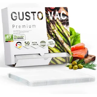 GustoVac Premium Vakuumbeutel, 50 Stk. 30x40cm Profi- Folienbeutel, Vakuumierbeutel für Vakuumierer, Kochfest & Sous Vide Gefrierbeutel, Lebensmittel Vakuumiergerät, Made in Netherlands, BPA-frei