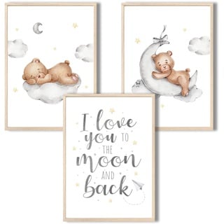 MeinBaby123® Bilder Kinderzimmer | 3er Set DIN A4 Poster Set | Wandbilder mit Spruch | Regenbogen | Deko Kinderzimmer Mädchen und Jungen | Babyzimmer Deko | Wandposter Premium (Bär & Mond)