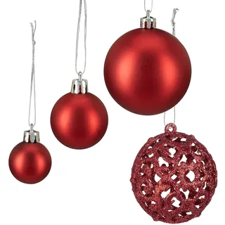 Relaxdays Weihnachtskugeln im 50er Set, glitzernde, matte & glänzende Christbaumkugeln, Kunststoff, ∅ 3, 4 & 6 cm, rot