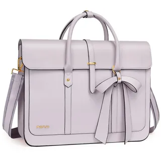 MOSISO Laptoptasche Damen 15,6 Zoll, PU Leder Handtasche Schultasche | Aktentasche Arbeitstasche Uni Tasche Büro Reisen Schultertasche Umrüstbar auf Rucksack mit Schleifenknoten, Staubiges Flieder