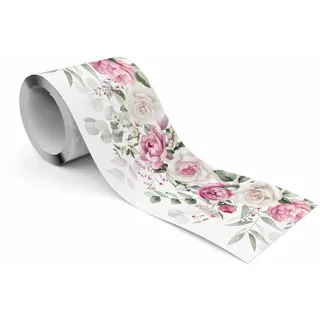 Muralo Tapetenbordüre selbstklebend Aquarelle Blumen Blätter Pflanzen , Grün, Weiß, Rosa, Beige , Papier , Floral, Baum/Pflanze/Natur , Rechteckig , 10x300x300 cm , Tapeten & Wandverkleidungen, Wandtattoos & Sticker