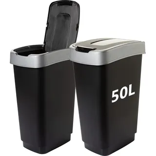 Mülleimer mit Schwingdeckel, 2 Fächer, je 50l, stabil, einfache Trennung, schwarz/silber - Schwarz