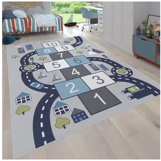 Paco Home Kinderteppich »Bino 565« rechteckig 4 mm Höhe Kurzflor, Straßen-Spiel-Teppich & Spielmotiv Hüpfkästchen grau