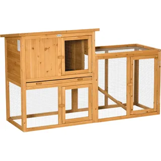 PawHut Kaninchenstall Kleintierstall mit herausnehmbarer Bodenwanne und Rampe Kleintierhaus Kleintierkäfig Outdoor Indoor Tannenholz Orange 141 x 60 x 86 cm - Orange