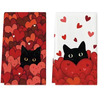Artoid Mode Liebe Herz Schwarz Katze Valentinstag Küchentücher Geschirrtücher, 42x65 cm Saisonale Frühling Dekoration Handtücher 2er Set