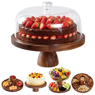Tortenständer, 12 Zoll Kuchenständer, Holz 2 in 1 Tortenplatte mit Deckel, Runde Desserttisch Kuchenhalter Wurstwarenbrett mit Kuppelabdeckung Tortenhalter für Käsefrüchteplatten Gebäck Obst Snacks