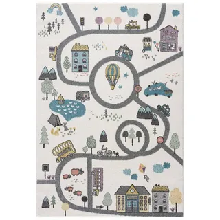 Carpet City Kinderteppich - Straßen-Stadt-Motiv 140x200 cm Creme, Multi - Kinderzimmer Teppich Modern