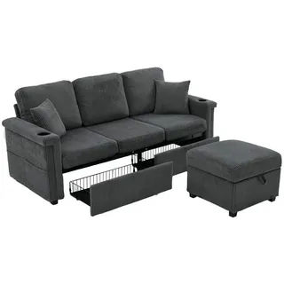 Redom Sofa Corduroy mit LED und USB-Anschluss Stauraum 194/73/81 cm Dunkelgrau , Textil , 194x73 cm , Wohnzimmer, Sofas & Couches, Wohnlandschaften, Ecksofas