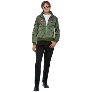 Smiffys Top Gun Maverick Bomberjacke, mit aufgebügelten Abzeichen Halloween und Karneval