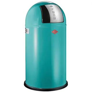 Mülleimer WESCO "Pushboy Abfallsammler", türkis, B:40cm H:75,5cm T:40cm Ø:40cm, Edelstahl, Kunststoff, Metall, Stahlblech, Mülleimer, Mülleimer, mit Metalleinsatz, Griffe, Einwurfklappe aus Edelstahl und Bodenring